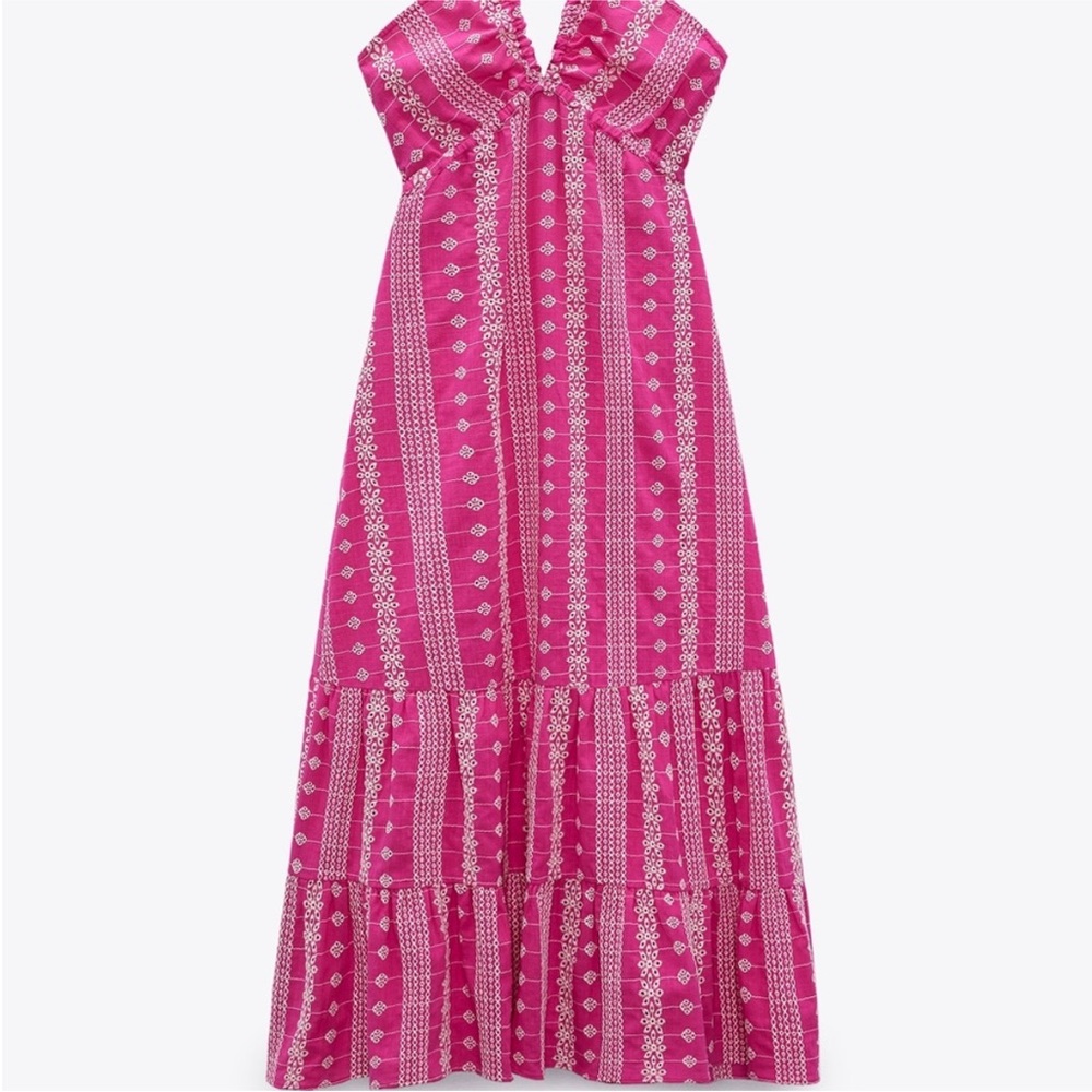Zara limited edition openwork work embroidered cotton halter midi dress - Picture 12 of 16
